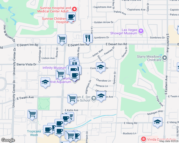 map of restaurants, bars, coffee shops, grocery stores, and more near 3507 Algonquin Drive in Las Vegas
