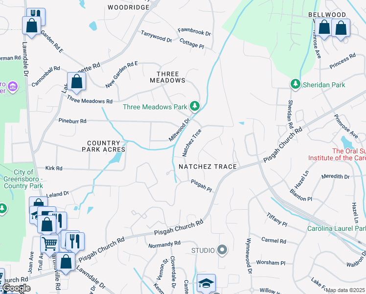 map of restaurants, bars, coffee shops, grocery stores, and more near 1816 Natchez Trce in Greensboro