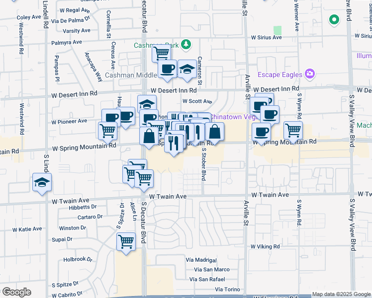 map of restaurants, bars, coffee shops, grocery stores, and more near 4663 Spring Mountain Road in Las Vegas