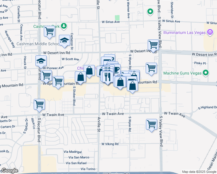 map of restaurants, bars, coffee shops, grocery stores, and more near 4375 Spring Mountain Road in Las Vegas