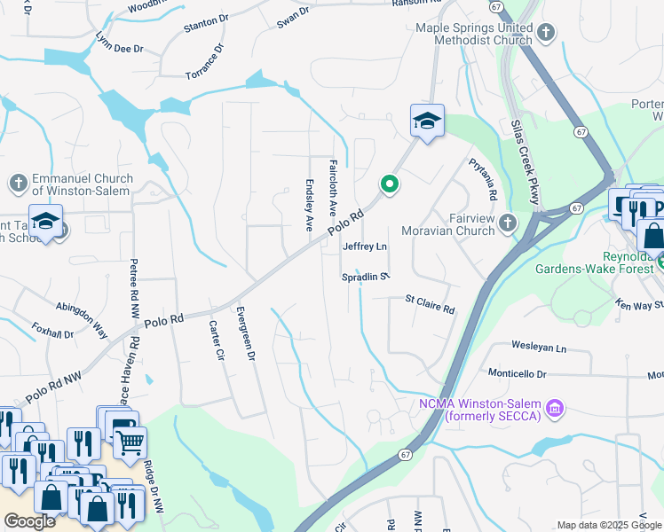 map of restaurants, bars, coffee shops, grocery stores, and more near 225 Lancaster Street in Winston-Salem