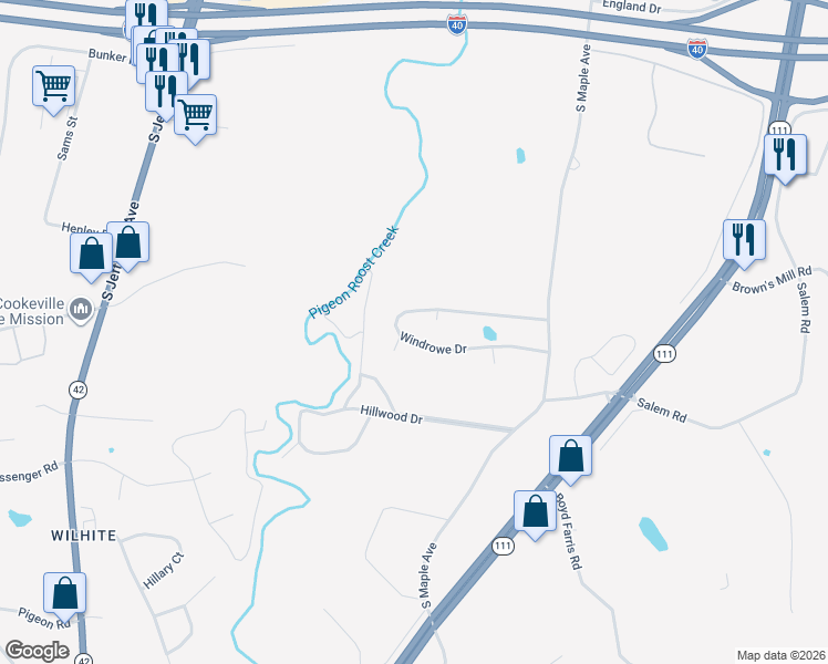 map of restaurants, bars, coffee shops, grocery stores, and more near 495 Windrowe Dr in Cookeville
