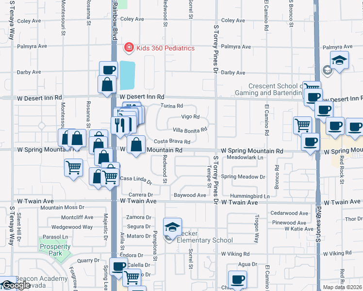 map of restaurants, bars, coffee shops, grocery stores, and more near 6663 Costa Brava Road in Las Vegas