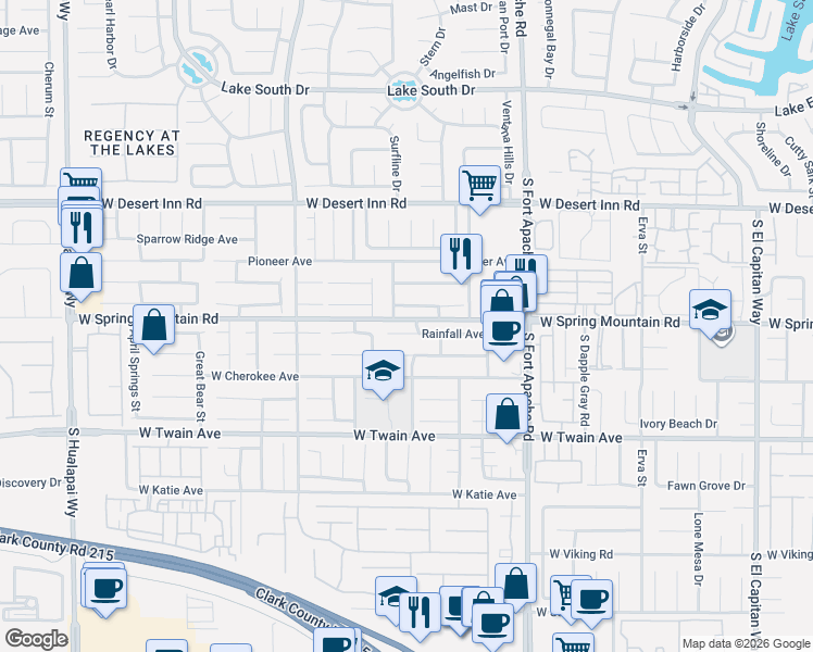 map of restaurants, bars, coffee shops, grocery stores, and more near 9624 Rainfall Avenue in Las Vegas