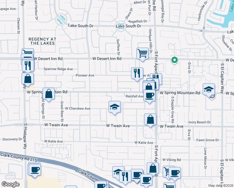 map of restaurants, bars, coffee shops, grocery stores, and more near 9624 Rainfall Avenue in Las Vegas