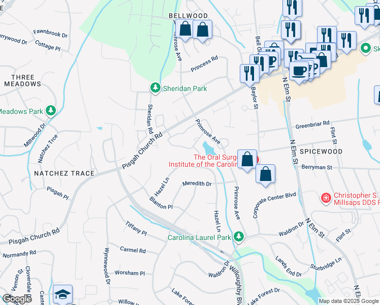 map of restaurants, bars, coffee shops, grocery stores, and more near 11 Park Village Lane in Greensboro