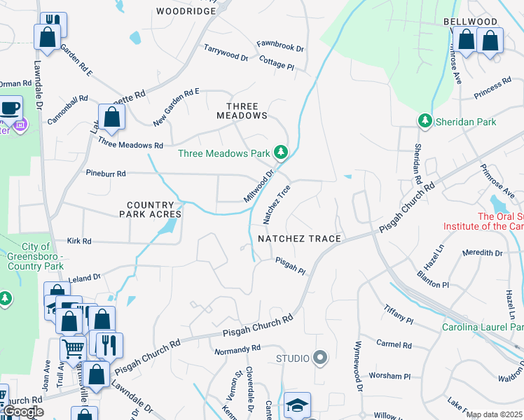 map of restaurants, bars, coffee shops, grocery stores, and more near 1816 Natchez Trce in Greensboro