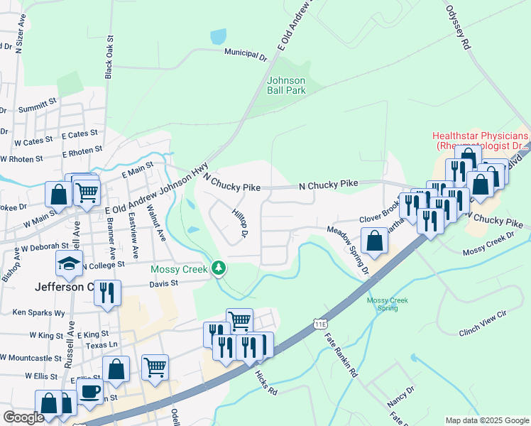 map of restaurants, bars, coffee shops, grocery stores, and more near 1663 Meadow Spring Drive in Jefferson City