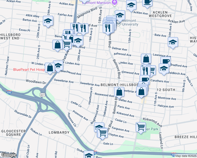 map of restaurants, bars, coffee shops, grocery stores, and more near 1713 Beechwood Avenue in Nashville