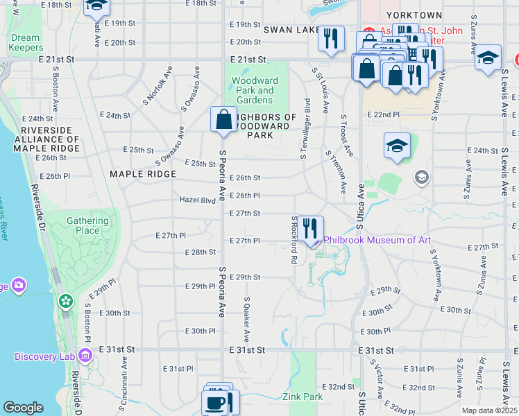 map of restaurants, bars, coffee shops, grocery stores, and more near 1363 East 27th Street in Tulsa
