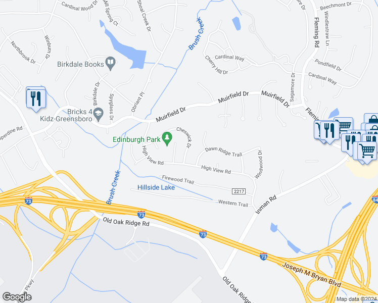 map of restaurants, bars, coffee shops, grocery stores, and more near 3208 Cheswick Drive in Greensboro