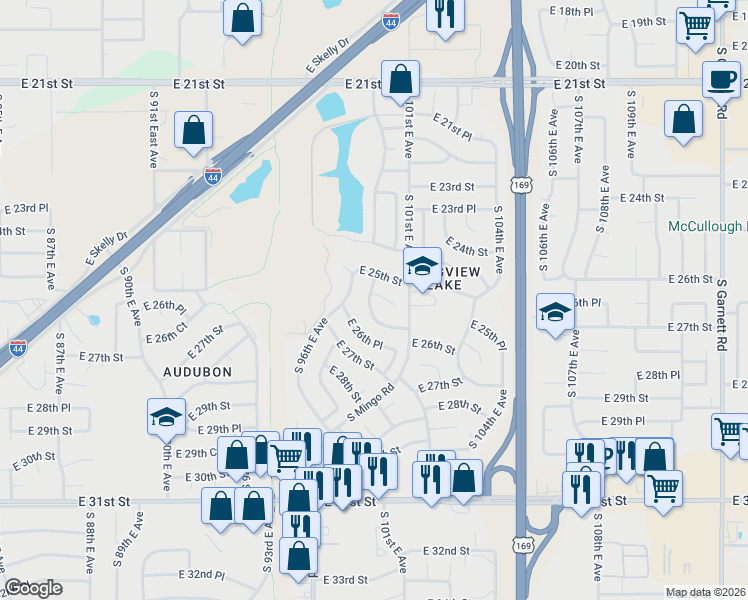 map of restaurants, bars, coffee shops, grocery stores, and more near 2524 South 96th East Place in Tulsa