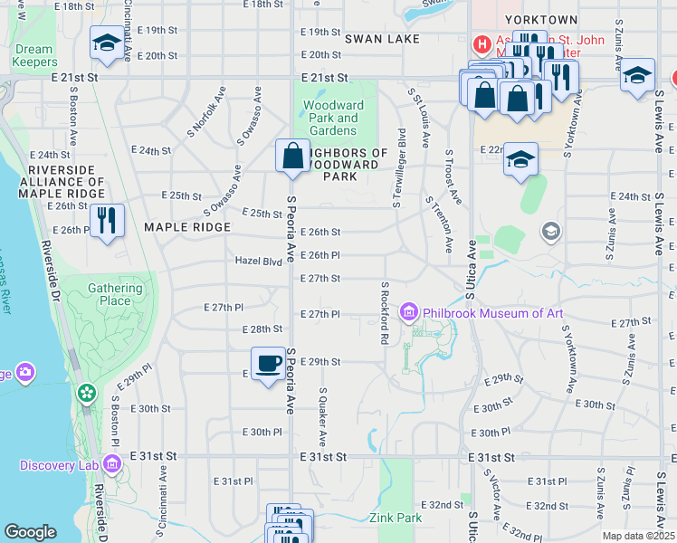 map of restaurants, bars, coffee shops, grocery stores, and more near 1363 East 27th Street in Tulsa