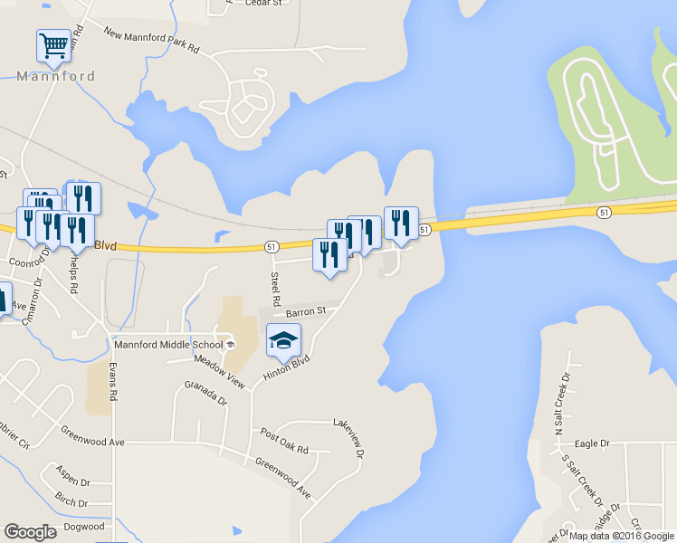 map of restaurants, bars, coffee shops, grocery stores, and more near 256 Hinton Boulevard in Mannford
