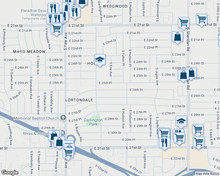 map of restaurants, bars, coffee shops, grocery stores, and more near 5345 East 26th Street in Tulsa