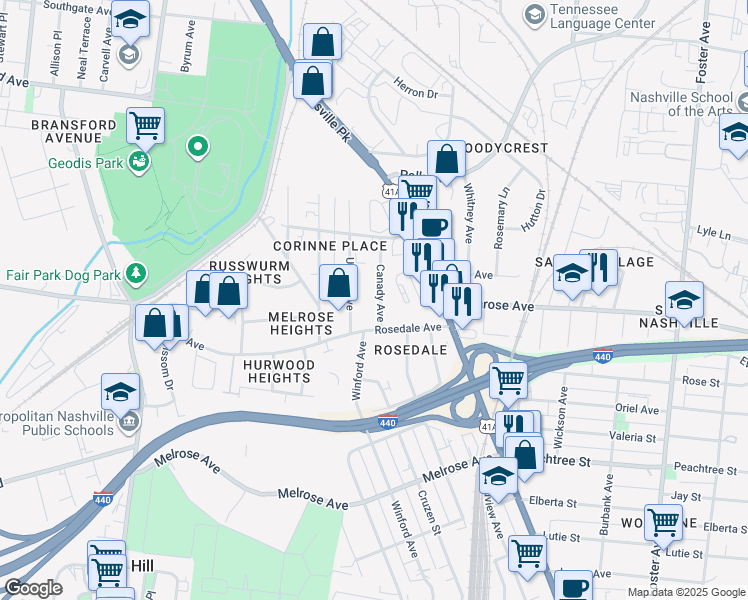 map of restaurants, bars, coffee shops, grocery stores, and more near 2147 Canady Avenue in Nashville