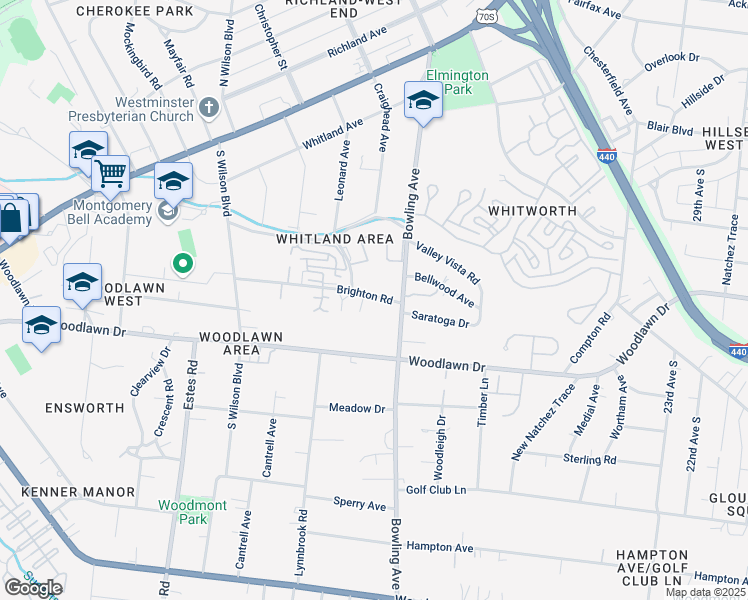 map of restaurants, bars, coffee shops, grocery stores, and more near 3614 Brighton Road in Nashville