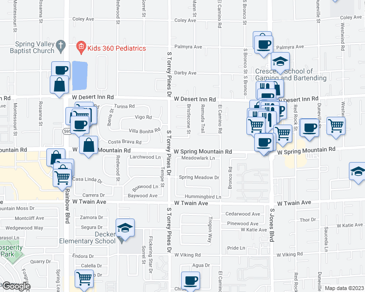 map of restaurants, bars, coffee shops, grocery stores, and more near 6450 Spring Mountain Road in Las Vegas