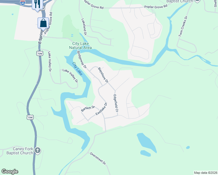 map of restaurants, bars, coffee shops, grocery stores, and more near 3211 Bayshore Drive in Cookeville