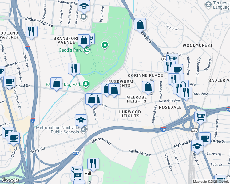 map of restaurants, bars, coffee shops, grocery stores, and more near 531 Fairground Court in Nashville