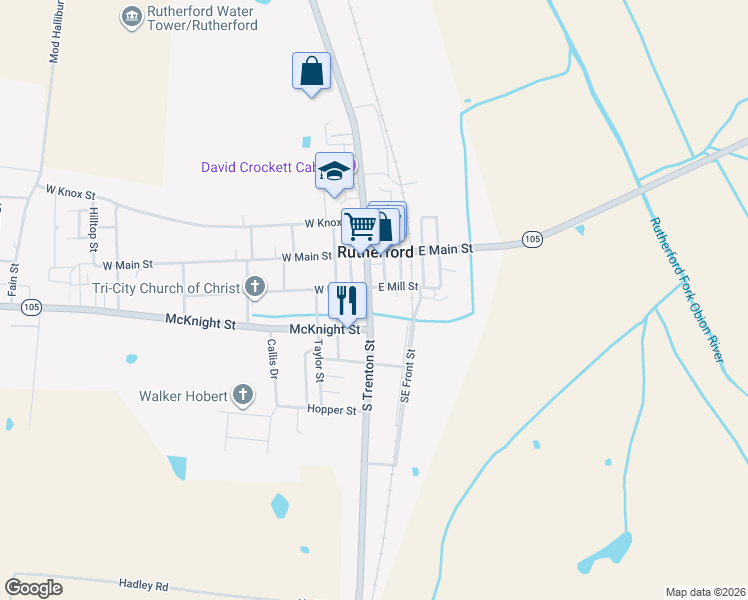 map of restaurants, bars, coffee shops, grocery stores, and more near 206 South Trenton Street in Rutherford