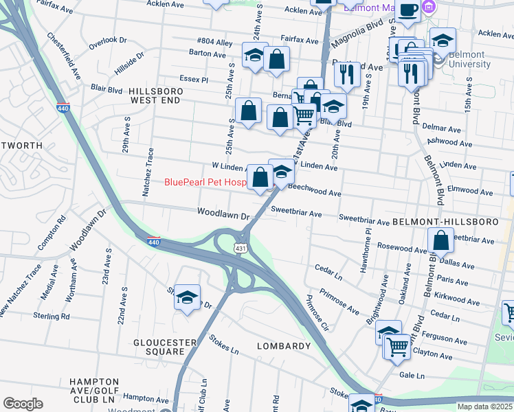 map of restaurants, bars, coffee shops, grocery stores, and more near 2501 21st Avenue South in Nashville