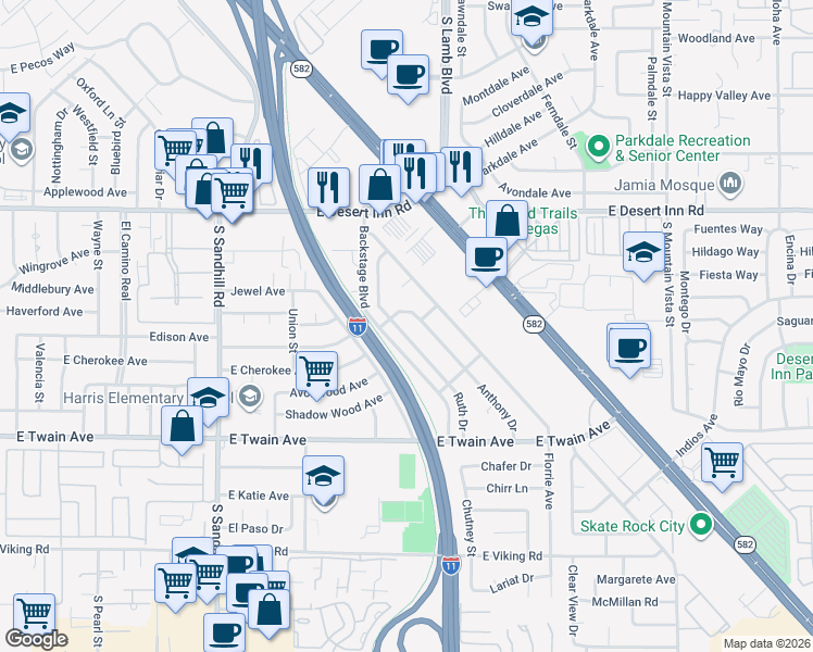 map of restaurants, bars, coffee shops, grocery stores, and more near 3508 Ruth Drive in Las Vegas