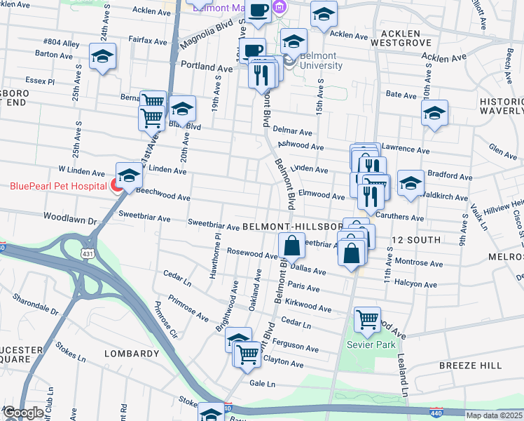 map of restaurants, bars, coffee shops, grocery stores, and more near 2501 Oakland Avenue in Nashville