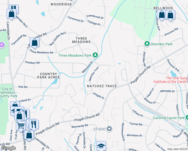 map of restaurants, bars, coffee shops, grocery stores, and more near 1815 Natchez Trce in Greensboro