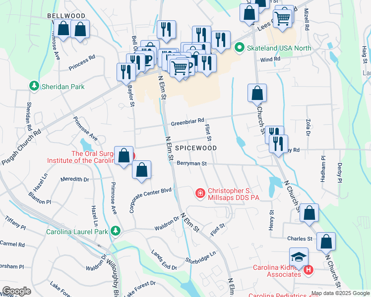 map of restaurants, bars, coffee shops, grocery stores, and more near 3711 Atlas Street in Greensboro