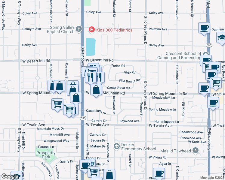 map of restaurants, bars, coffee shops, grocery stores, and more near 6727 Costa Brava Road in Las Vegas