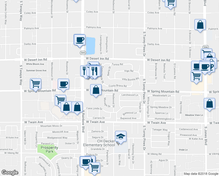 map of restaurants, bars, coffee shops, grocery stores, and more near 6727 Costa Brava Road in Las Vegas