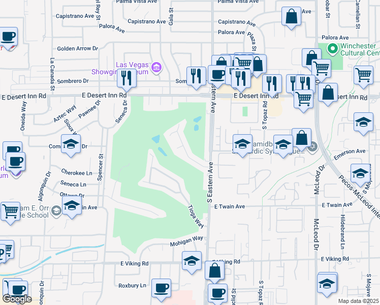 map of restaurants, bars, coffee shops, grocery stores, and more near 3508 Pueblo Way in Las Vegas