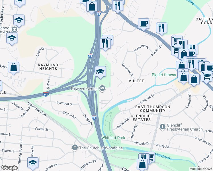 map of restaurants, bars, coffee shops, grocery stores, and more near 295 Plus Park Boulevard in Nashville