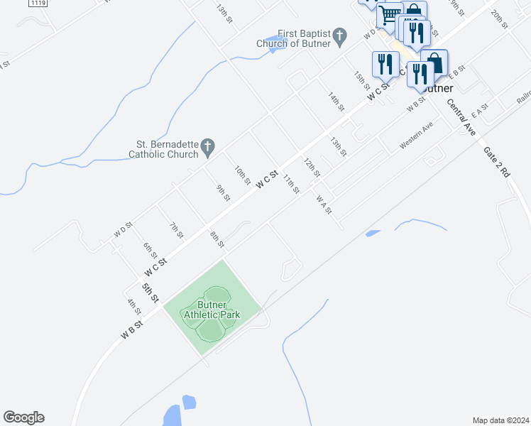 map of restaurants, bars, coffee shops, grocery stores, and more near 704 West B Street in Butner