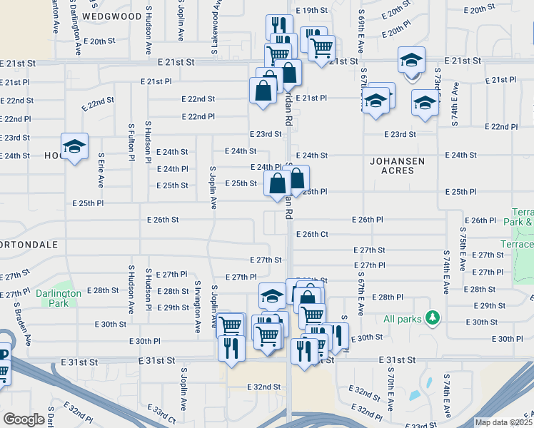 map of restaurants, bars, coffee shops, grocery stores, and more near 2604 South Sheridan Road in Tulsa
