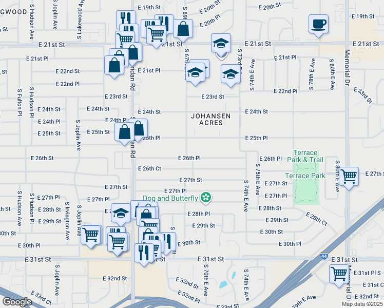 map of restaurants, bars, coffee shops, grocery stores, and more near 6709 E 26th Pl in Tulsa