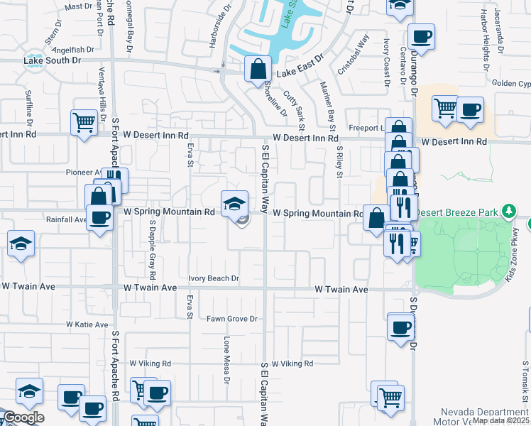 map of restaurants, bars, coffee shops, grocery stores, and more near S El Capitan Way & W Spring Mountain Rd in Las Vegas