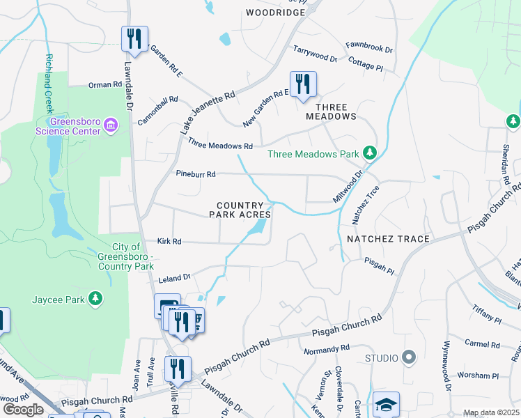 map of restaurants, bars, coffee shops, grocery stores, and more near 204 Frederick Road in Greensboro