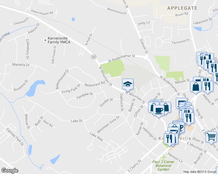 map of restaurants, bars, coffee shops, grocery stores, and more near 621 West Mountain Street in Kernersville