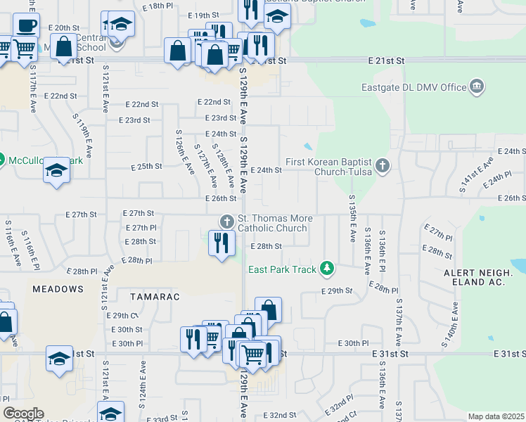 map of restaurants, bars, coffee shops, grocery stores, and more near 13011 East 27th Street in Tulsa