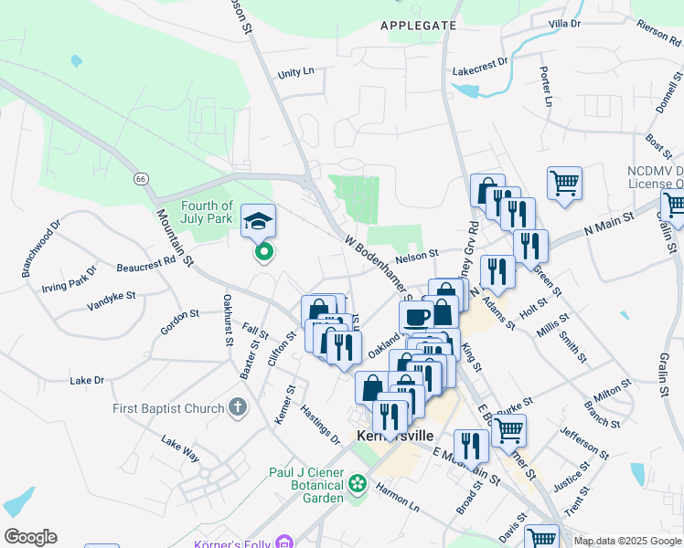 map of restaurants, bars, coffee shops, grocery stores, and more near 143 Nelson Street in Kernersville