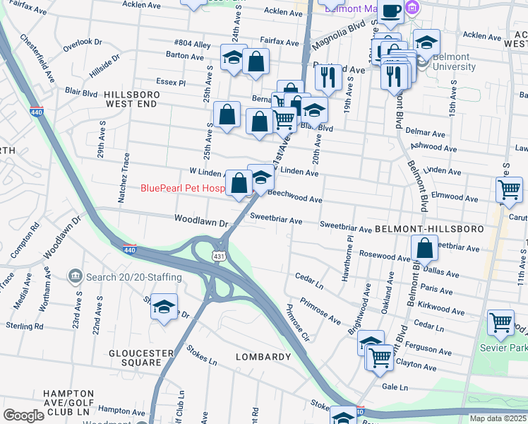 map of restaurants, bars, coffee shops, grocery stores, and more near 2016 Sweetbriar Avenue in Nashville