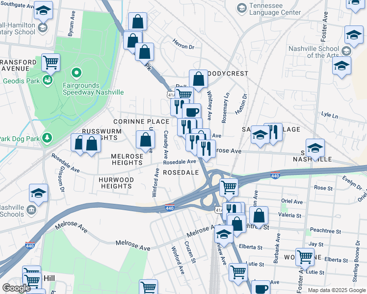 map of restaurants, bars, coffee shops, grocery stores, and more near 2197 U.S. 31 Alternate in Nashville