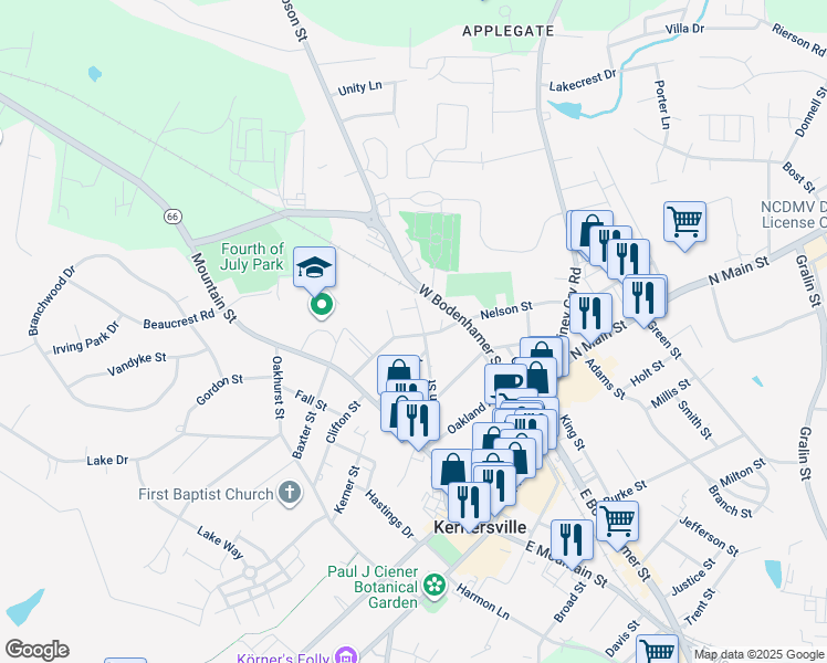 map of restaurants, bars, coffee shops, grocery stores, and more near 143 Nelson Street in Kernersville