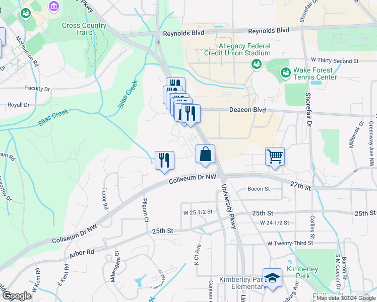 map of restaurants, bars, coffee shops, grocery stores, and more near 2810 Carriage Drive in Winston-Salem