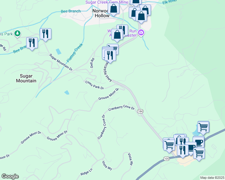 map of restaurants, bars, coffee shops, grocery stores, and more near 186 Bridle Spur Lane in Sugar Mountain