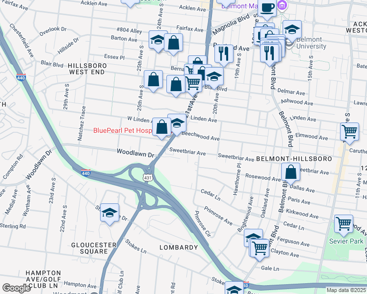 map of restaurants, bars, coffee shops, grocery stores, and more near 2012 Sweetbriar Avenue in Nashville