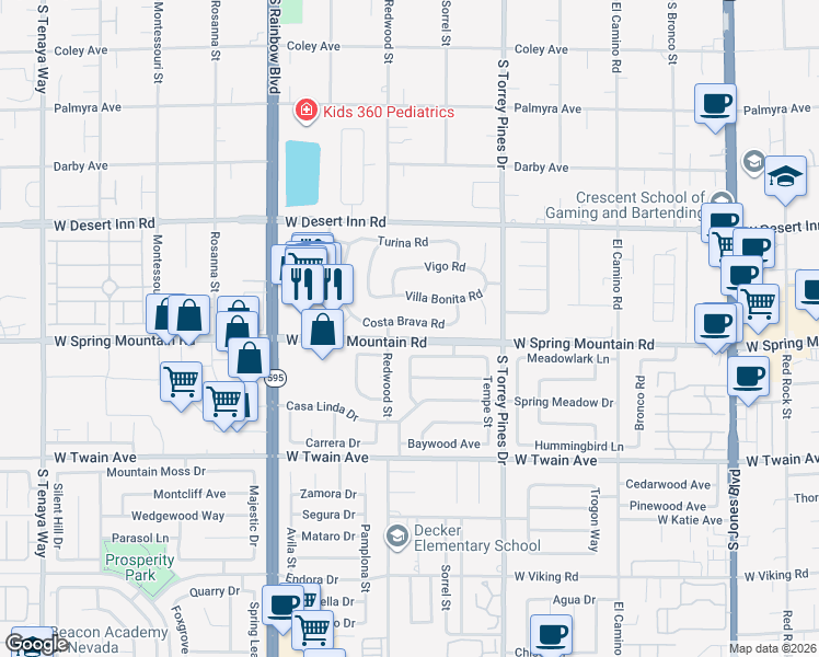 map of restaurants, bars, coffee shops, grocery stores, and more near 6663 Costa Brava Road in Las Vegas