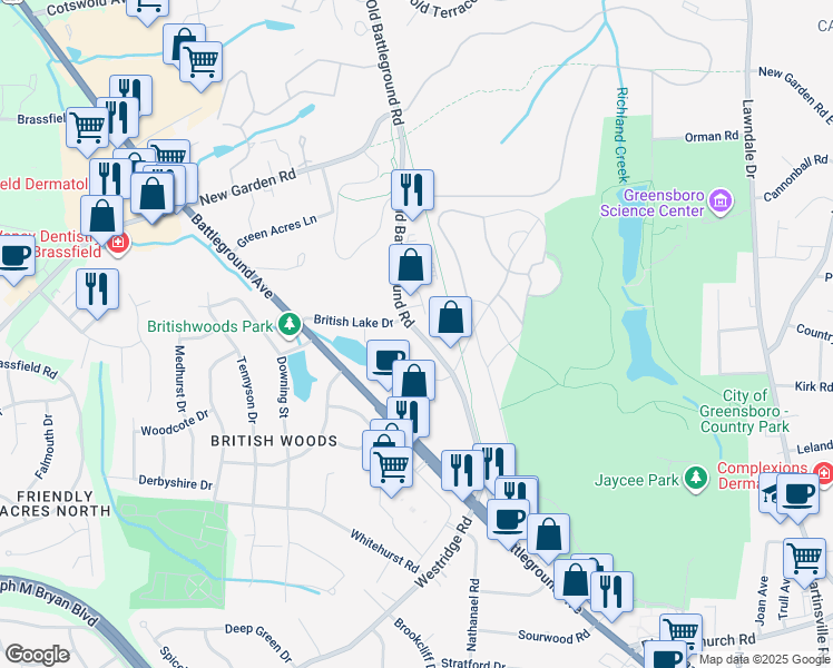 map of restaurants, bars, coffee shops, grocery stores, and more near 3515 Old Battleground Road in Greensboro